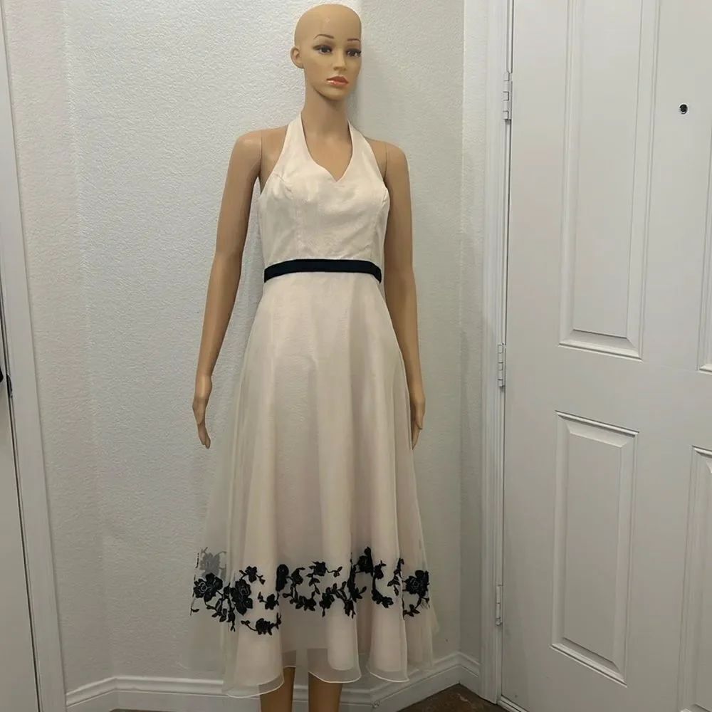 David’s Bridal Sz 2 Halter VNeck Sheer Embroidered Beaded Lined Midi Ivory Black